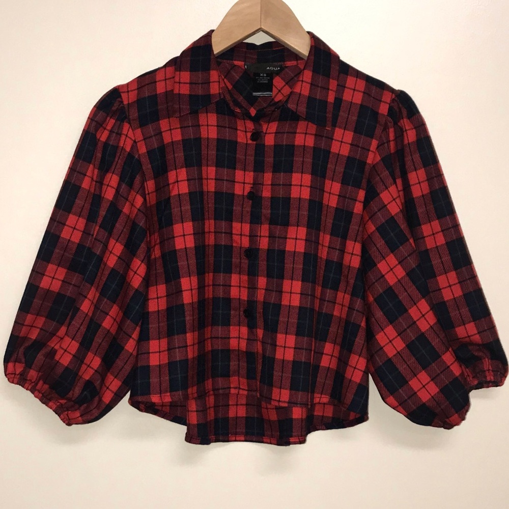 AQUA Plaid Crop Button Down Shirt Red Navy